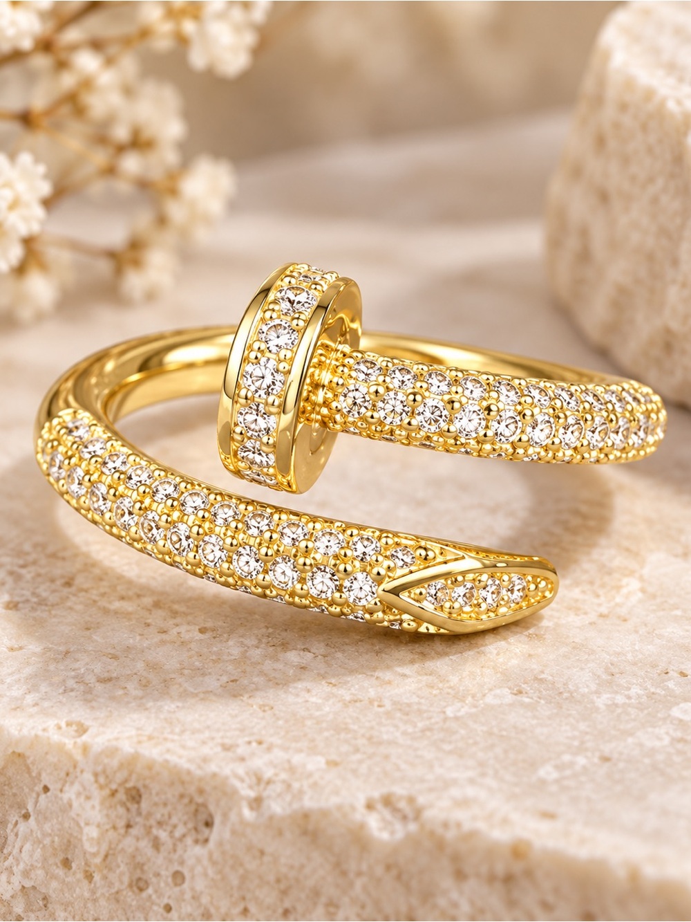 Gold Tone Pavé CZ Nail Wrap Ring Adjustable Designer Inspired